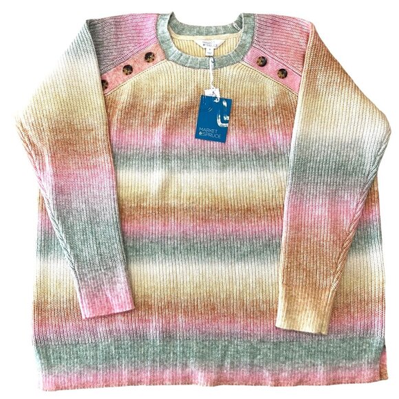 Market & Spruce Striped Button Detail Sweater Pink Blue Multicolor Size 3X NWT - Picture 1 of 10